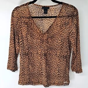 The Limited Sheer Leopard Print Rusched Blouse with 3/4 Length Sleeves Y2K‎